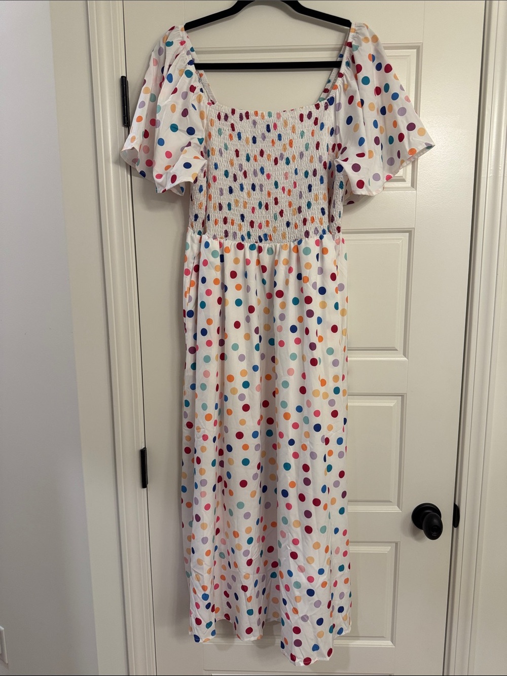 BloomChic White Polka Dot Smocked Midi Dress with Multicolor Dots